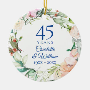 Watercolor Roses Garland 45th 65th Anniversary Ceramic Tree Decoration