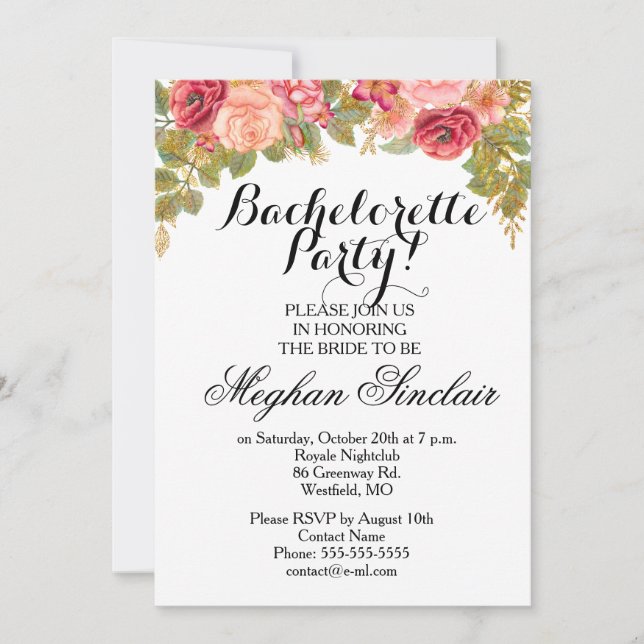 Watercolor Roses & Glitter Bachelorette Party Invitation (Front)