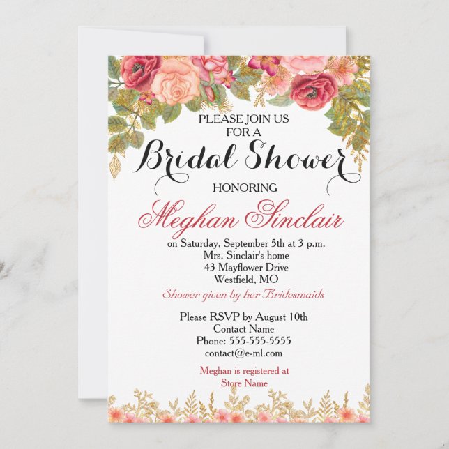 Watercolor Roses & Glitter Bridal Shower Invite (Front)