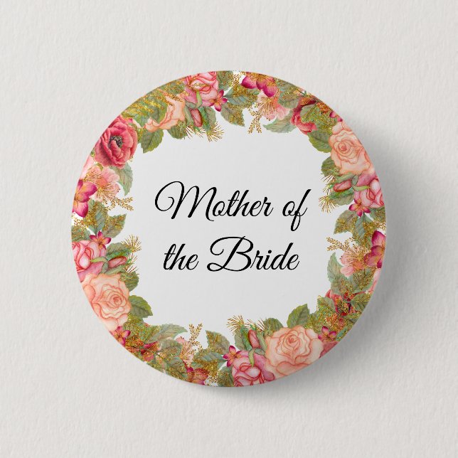 Watercolor Roses & Glitter Mother of the Bride Pin (Front)