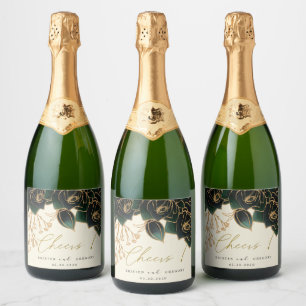 Watercolor Roses Gold And Green Cheers Wedding Sparkling Wine Label