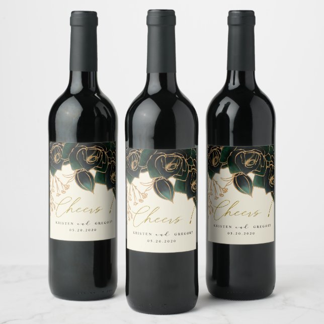 Watercolor Roses Gold And Green Cheers Wedding Wine Label (Bottles)