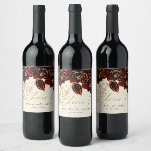 Watercolor Roses Gold Burgundy Cheers Wedding Wine Label