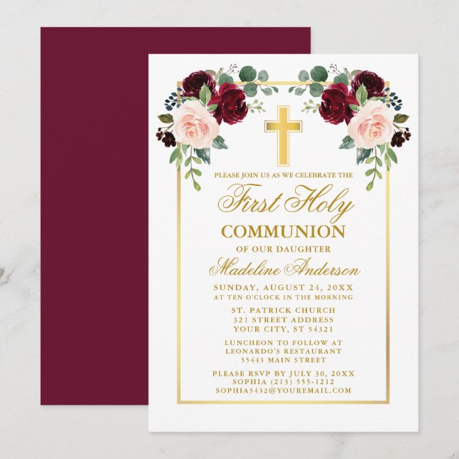 Watercolor Roses Gold Burgundy First Communion Invitation (Front/Back)
