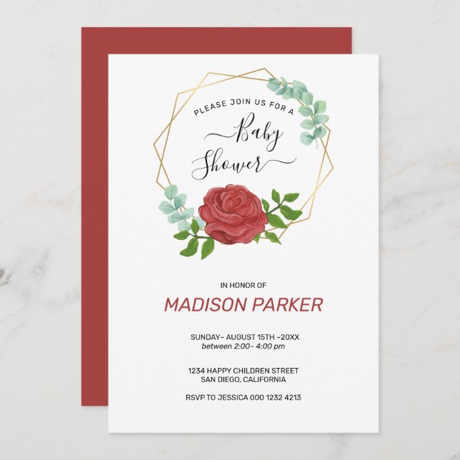 Watercolor Roses Gold Frame  Invitation (Front/Back)