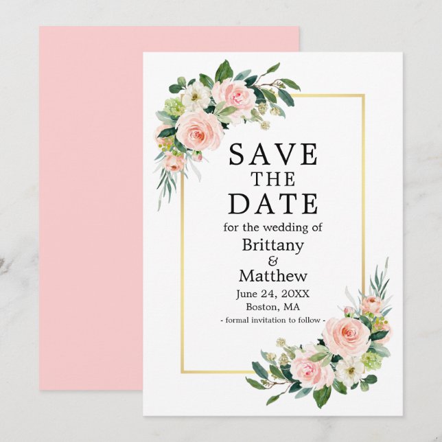 Watercolor Roses Gold Frame Pink Blush Save The Date (Front/Back)
