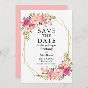Watercolor Roses Gold Geo Frame Pink Save The Date