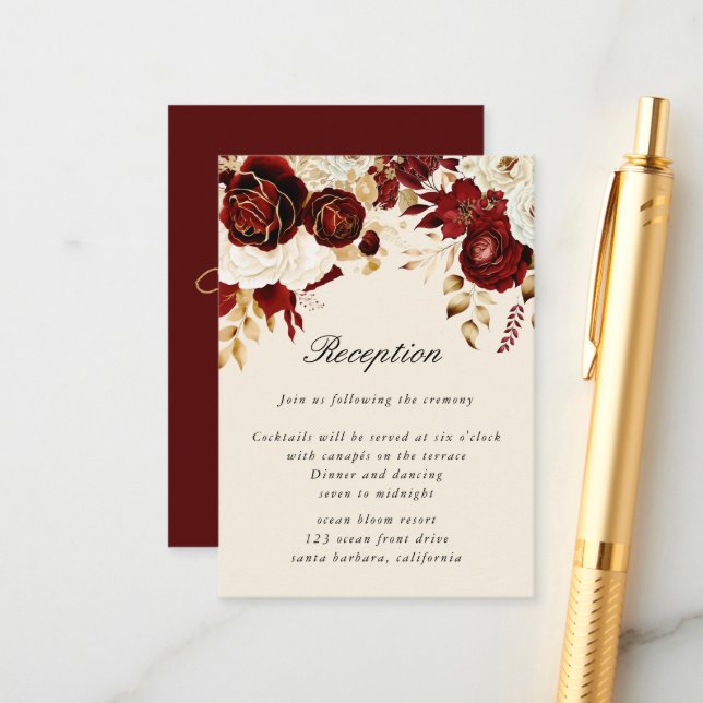 Watercolor Roses Gold Reception Enclosure Card (Front/Back In Situ)
