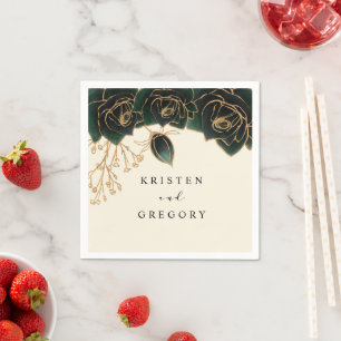Watercolor Roses Green And Gold Wedding Napkin