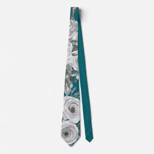 Watercolor Roses Grey and White on Teal Neck Tie