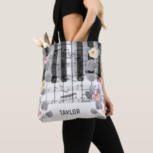 watercolor roses grey foliage music piano tote bag