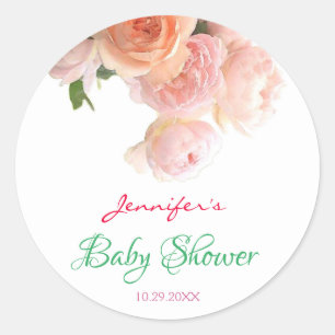 Watercolor Roses Hand Script Baby Shower Template Classic Round Sticker