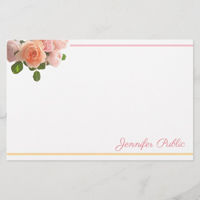 Watercolor Roses Hand Script Name Template Floral Stationery (Front)