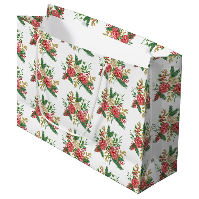 Watercolor Roses Holiday Large Gift Bag (Front Angled)