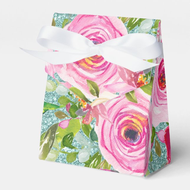 Watercolor Roses in Aqua Glitter Personalised Favour Box (Front Side)