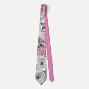 Watercolor Roses in Grey and White on Pink Glitter Tie