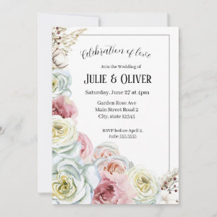 Watercolor roses in pale pink, cream white Wedding Invitation
