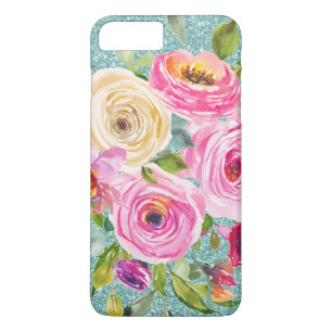 Watercolor Roses in Pink and Cream Aqua Glitter iPhone 8 Plus/7 Plus Case