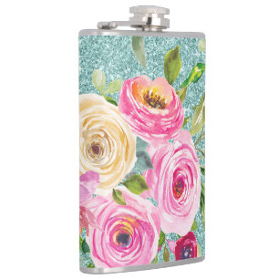 Watercolor Roses in Pink and Cream Aqua Glitter Hip Flask