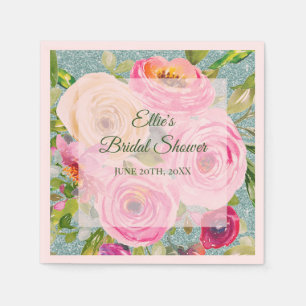 Watercolor Roses in Pink and Cream Aqua Glitter Napkin