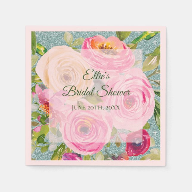 Watercolor Roses in Pink and Cream Aqua Glitter Napkin (Front)