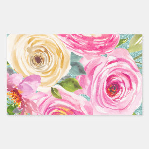 Watercolor Roses in Pink and Cream Aqua Glitter Rectangular Sticker