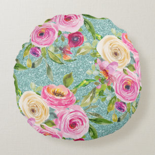 Watercolor Roses in Pink and Cream Aqua Glitter Round Cushion