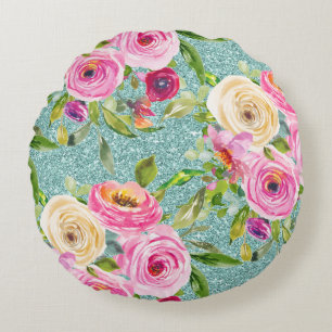 Watercolor Roses in Pink and Cream Aqua Glitter Round Cushion