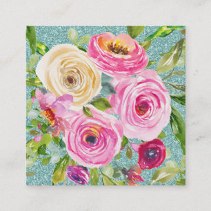 Watercolor Roses in Pink and Cream Aqua Glitter Square Business Card