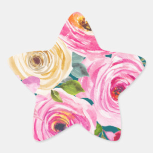 Watercolor Roses in Pink and Cream in Teal Star Sticker