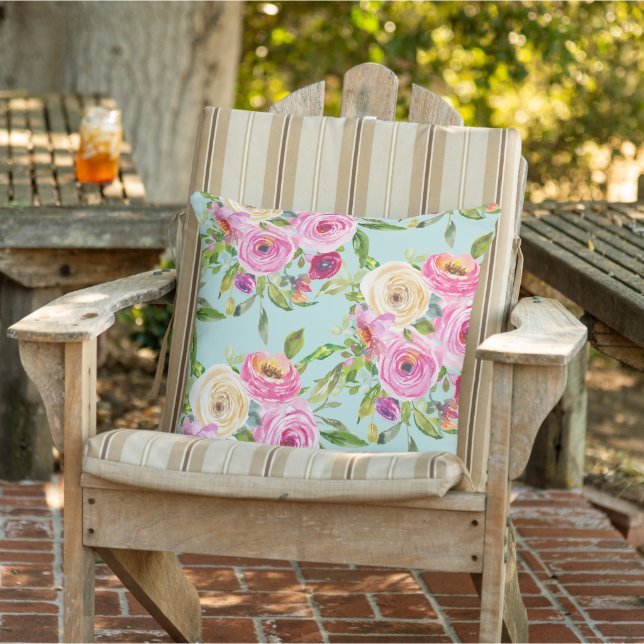 Watercolor Roses in Pink and Cream on Aqua Cushion (Chair)