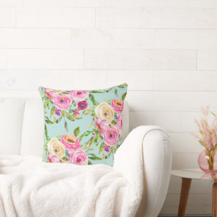 Watercolor Roses in Pink and Cream on Aqua Cushion