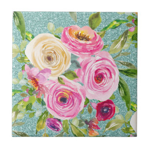 Watercolor Roses in Pink and Cream on Aqua Glitter Tile