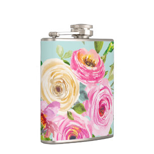 Watercolor Roses in Pink and Cream on Aqua Hip Flask