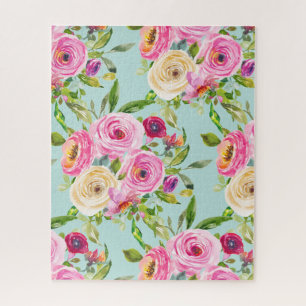 Watercolor Roses in Pink and Cream on Aqua Jigsaw Puzzle