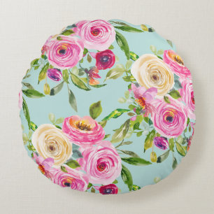 Watercolor Roses in Pink and Cream on Aqua Round Cushion