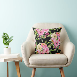 Watercolor Roses in Pink and Cream on Black Cushion