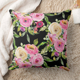 Watercolor Roses in Pink and Cream on Black Cushion