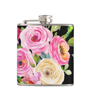 Watercolor Roses in Pink and Cream on Black Hip Flask