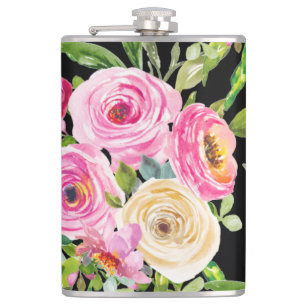 Watercolor Roses in Pink and Cream on Black Hip Flask