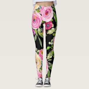 Watercolor Roses in Pink and Cream on Black Leggings