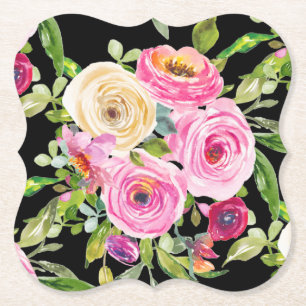 Watercolor Roses in Pink and Cream on Black Paper Coaster