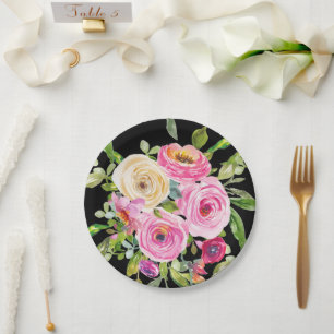 Watercolor Roses in Pink and Cream on Black Paper Plate