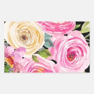 Watercolor Roses in Pink and Cream on Black Rectangular Sticker