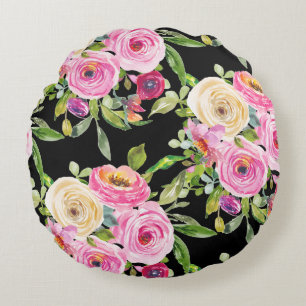 Watercolor Roses in Pink and Cream on Black Round Cushion