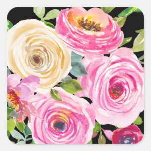 Watercolor Roses in Pink and Cream on Black Square Sticker