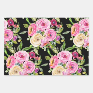 Watercolor Roses in Pink and Cream on Black Wrapping Paper Sheet