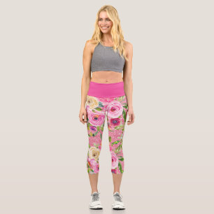 Watercolor Roses in Pink and Cream on Pink Glitter Capri Leggings
