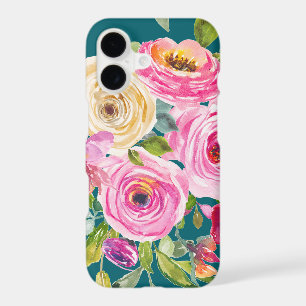 Watercolor Roses in Pink and Cream on Teal