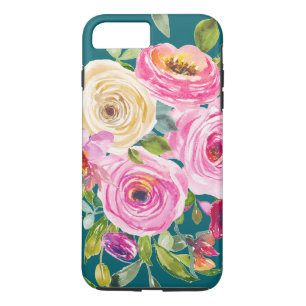 Watercolor Roses in Pink and Cream on Teal iPhone 8 Plus/7 Plus Case